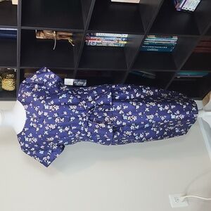 LESLIE FAY Blue Pink Floral Slit Keyhole Short Sleeve Midi Dress -Plus Size